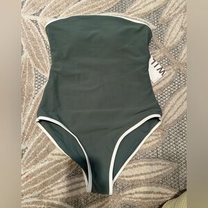 NWT. M. Sage green strapless swimsuit with white detail.